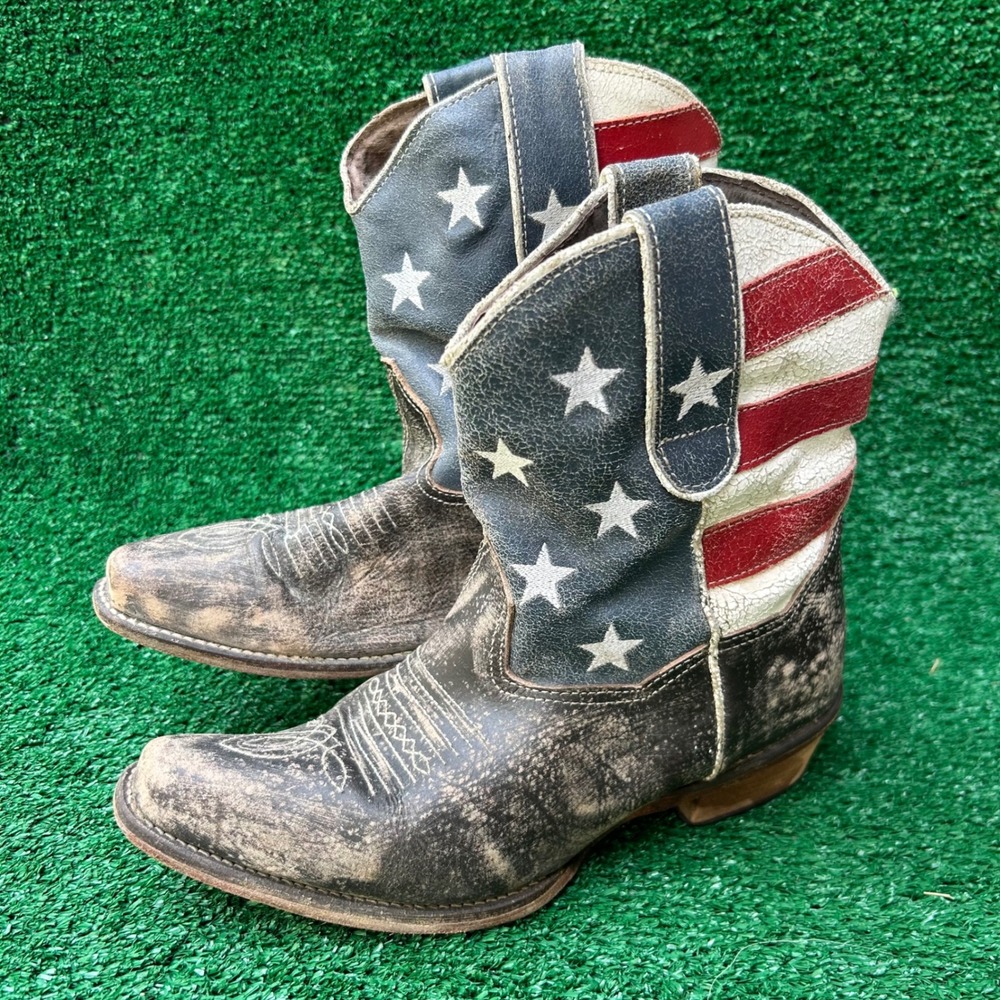 Roper Womens American Flag Cowboy Boots Distressed Leather Stars Stripes Size 7